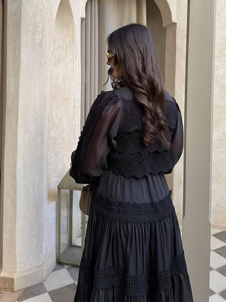 Women Elegant Lapel Lantern Sleeves Single Breasted Lace Up Patchwork Pleated Long Dresses