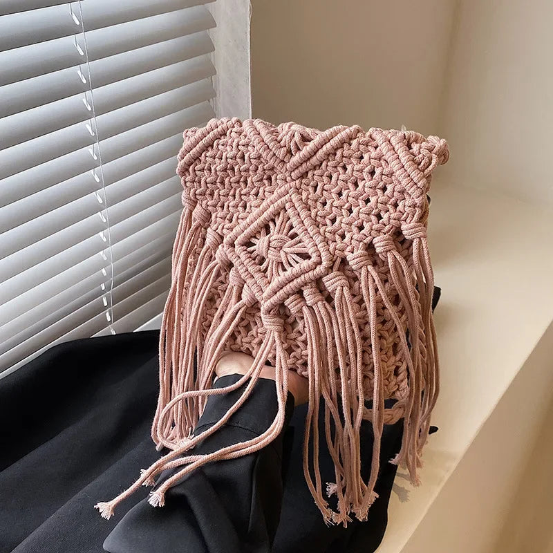 Handmade Cotton Woven Knitted Tassel Crossbody Bag Vintage Shoulder