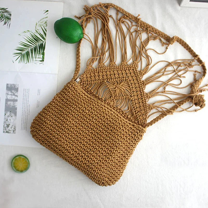 Handmade Cotton Woven Knitted Tassel Crossbody Bag Vintage Shoulder