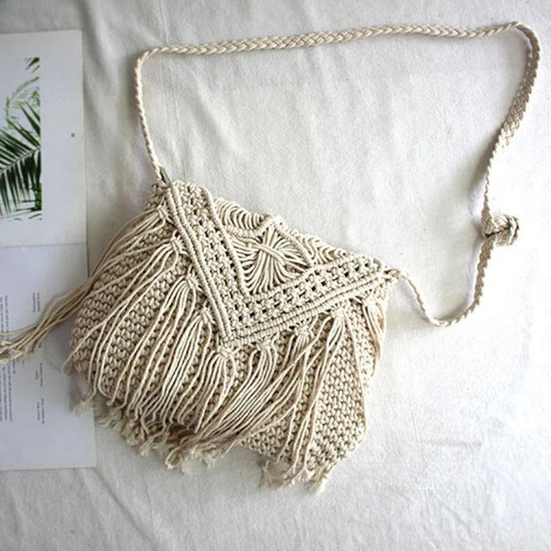 Handmade Cotton Woven Knitted Tassel Crossbody Bag Vintage Shoulder