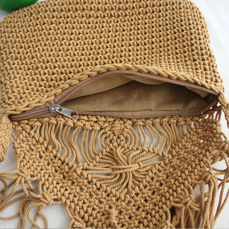 Handmade Cotton Woven Knitted Tassel Crossbody Bag Vintage Shoulder