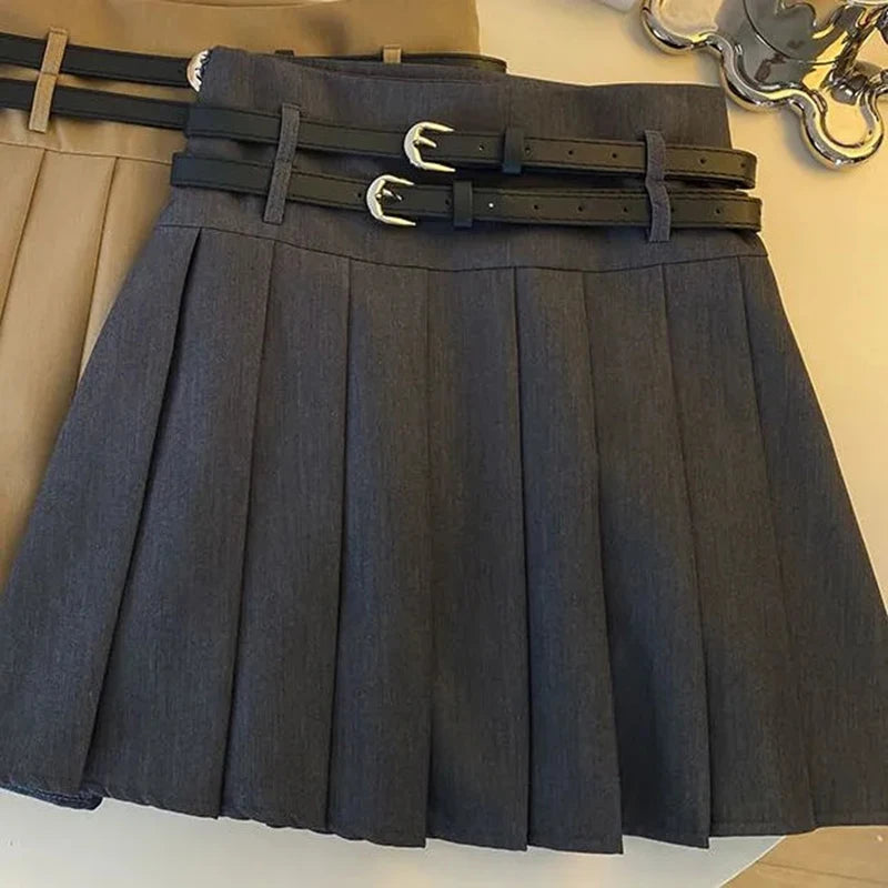 Fashion Women with Double Belt Pleated Skirts Summer