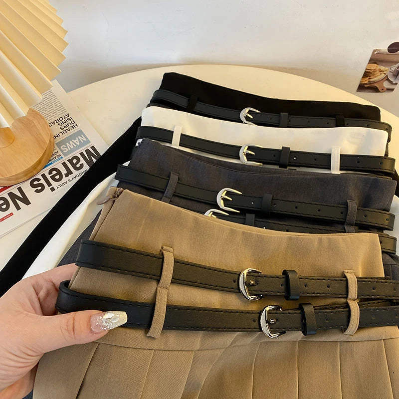 Fashion Women with Double Belt Pleated Skirts Summer
