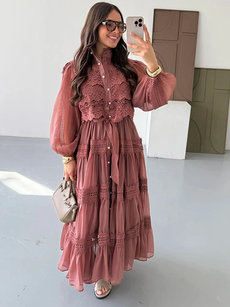 Women Elegant Lapel Lantern Sleeves Single Breasted Lace Up Patchwork Pleated Long Dresses