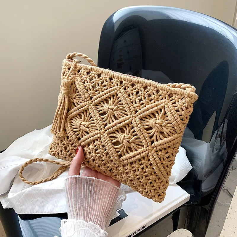 Handmade Cotton Woven Knitted Tassel Crossbody Bag Vintage Shoulder