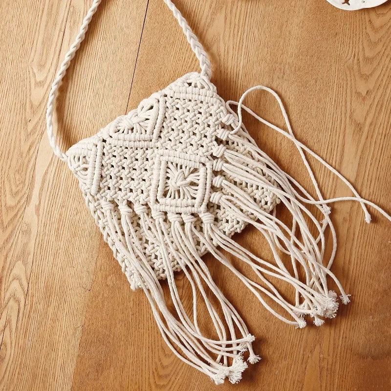 Handmade Cotton Woven Knitted Tassel Crossbody Bag Vintage Shoulder