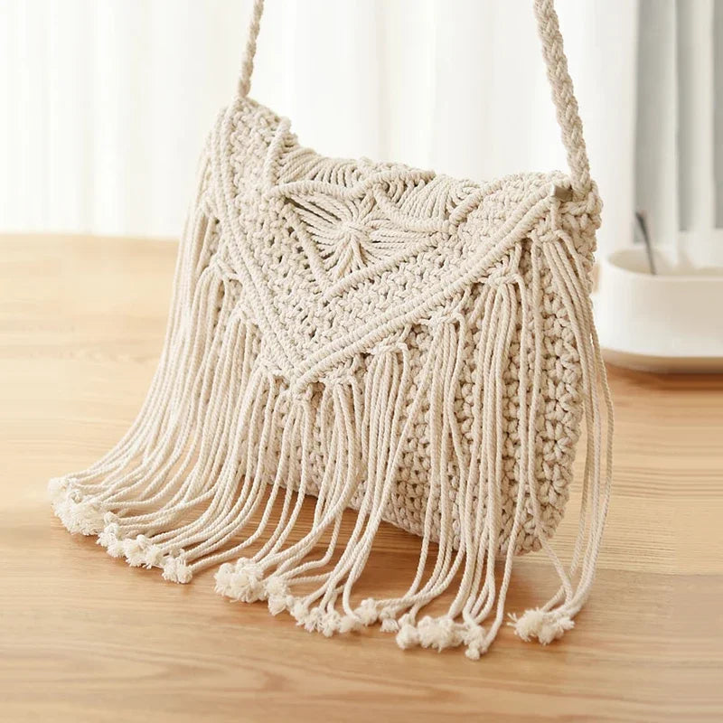 Handmade Cotton Woven Knitted Tassel Crossbody Bag Vintage Shoulder