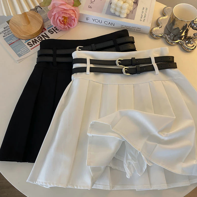 Fashion Women with Double Belt Pleated Skirts Summer
