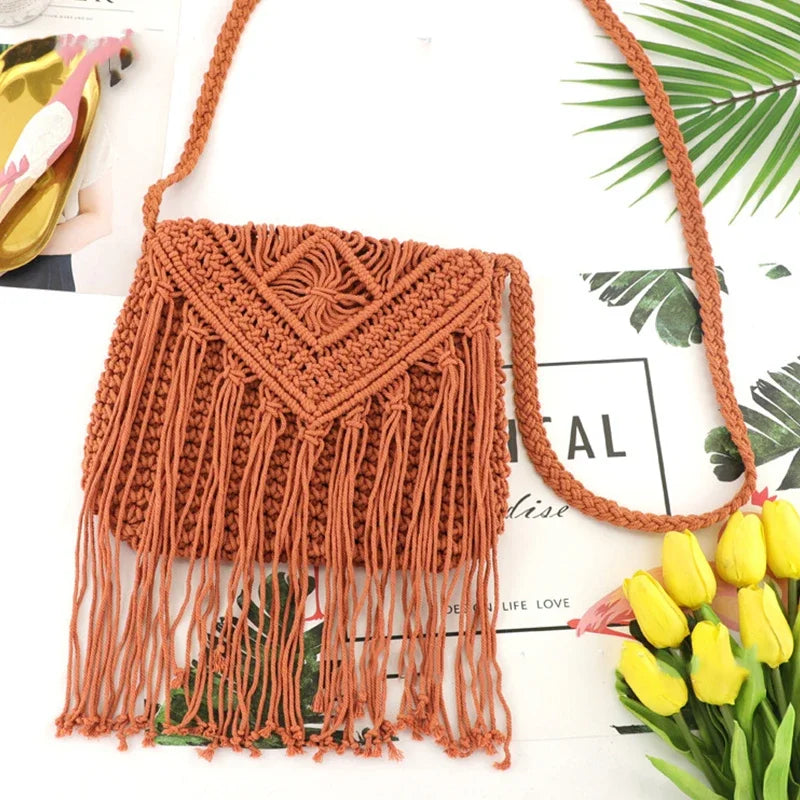 Handmade Cotton Woven Knitted Tassel Crossbody Bag Vintage Shoulder