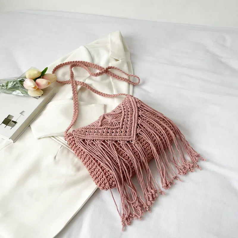 Handmade Cotton Woven Knitted Tassel Crossbody Bag Vintage Shoulder