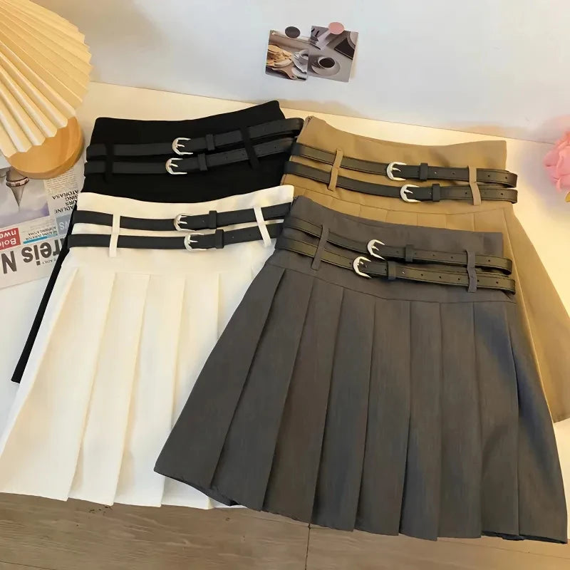 Fashion Women with Double Belt Pleated Skirts Summer