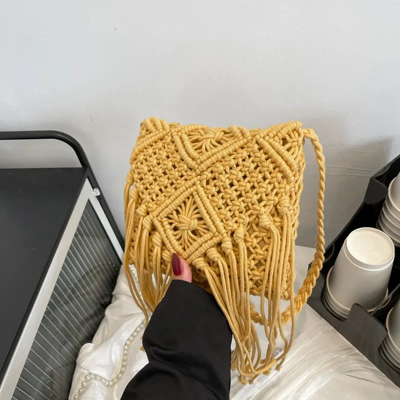 Handmade Cotton Woven Knitted Tassel Crossbody Bag Vintage Shoulder