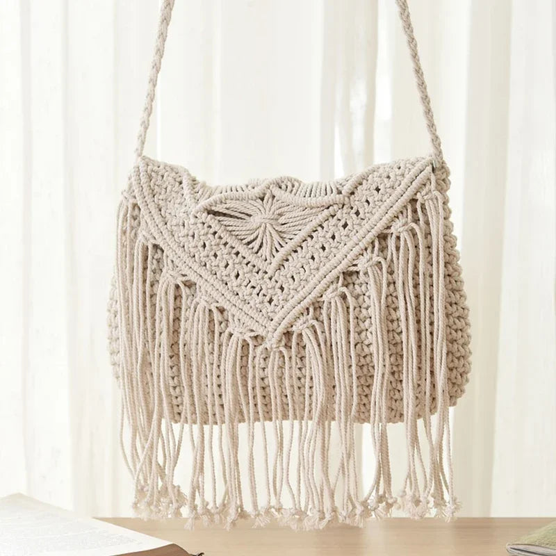 Handmade Cotton Woven Knitted Tassel Crossbody Bag Vintage Shoulder