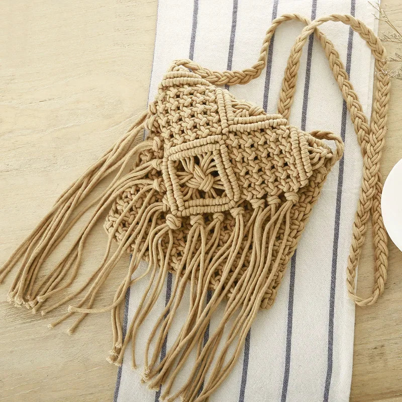 Handmade Cotton Woven Knitted Tassel Crossbody Bag Vintage Shoulder