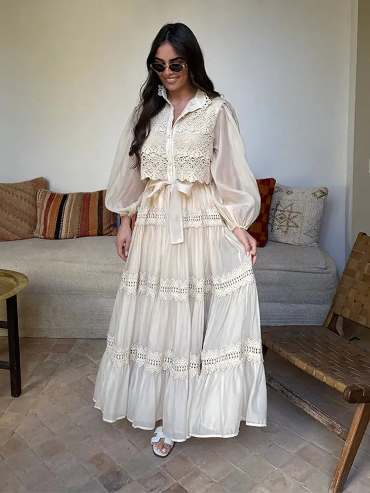 Women Elegant Lapel Lantern Sleeves Single Breasted Lace Up Patchwork Pleated Long Dresses