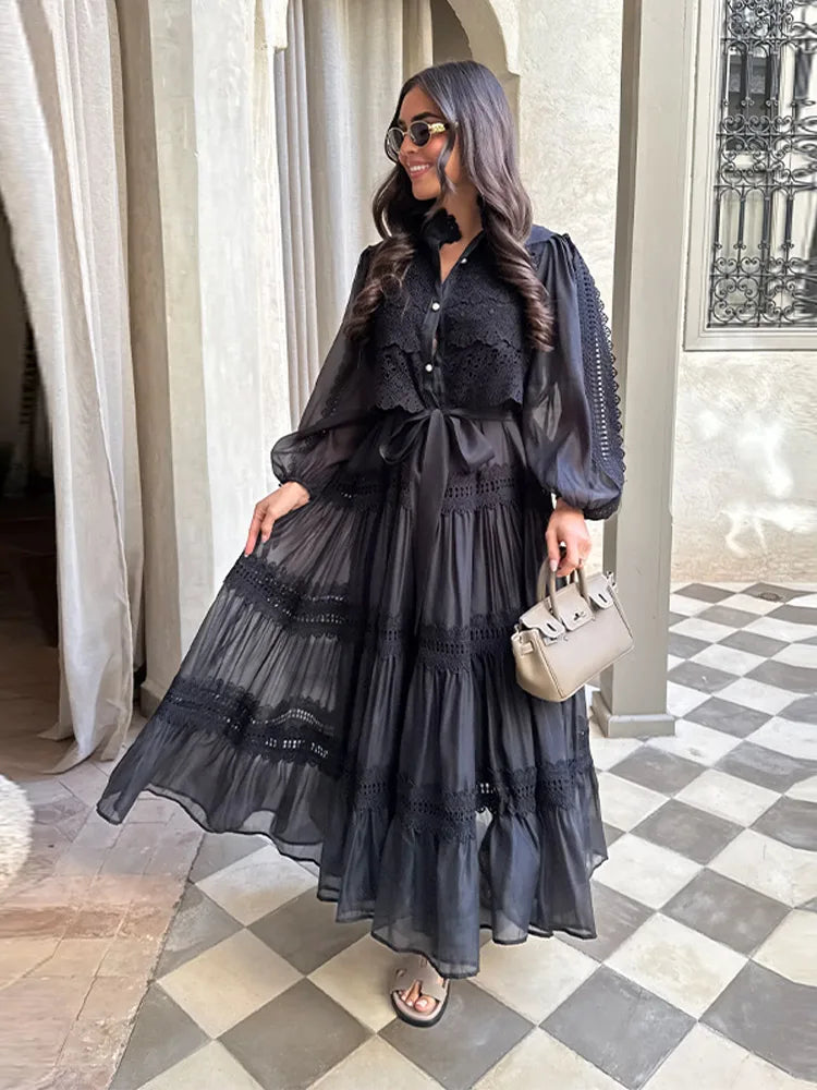 Women Elegant Lapel Lantern Sleeves Single Breasted Lace Up Patchwork Pleated Long Dresses