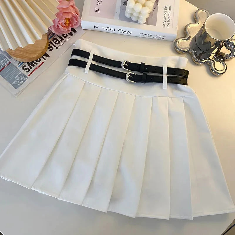 Fashion Women with Double Belt Pleated Skirts Summer