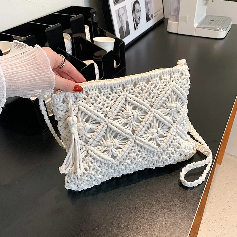 Handmade Cotton Woven Knitted Tassel Crossbody Bag Vintage Shoulder
