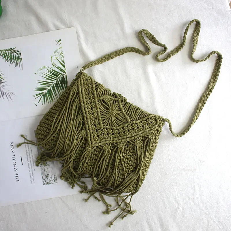 Handmade Cotton Woven Knitted Tassel Crossbody Bag Vintage Shoulder