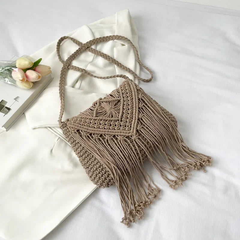 Handmade Cotton Woven Knitted Tassel Crossbody Bag Vintage Shoulder