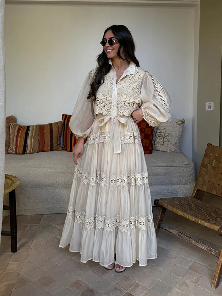 Women Elegant Lapel Lantern Sleeves Single Breasted Lace Up Patchwork Pleated Long Dresses