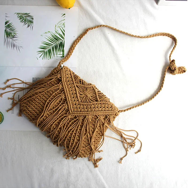 Handmade Cotton Woven Knitted Tassel Crossbody Bag Vintage Shoulder