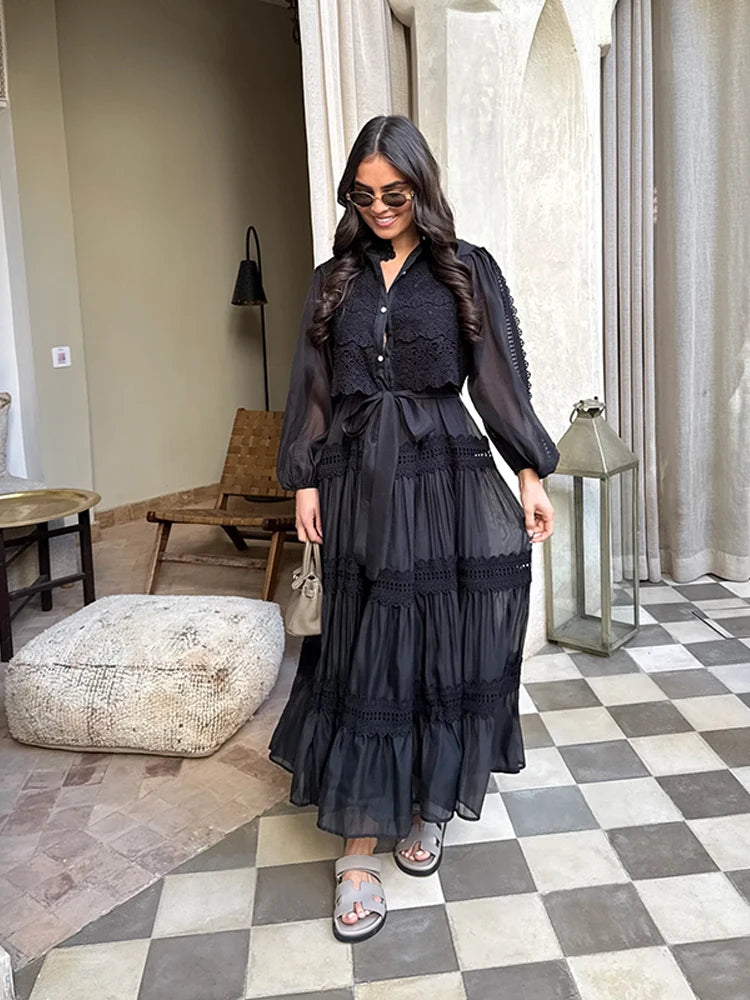 Women Elegant Lapel Lantern Sleeves Single Breasted Lace Up Patchwork Pleated Long Dresses