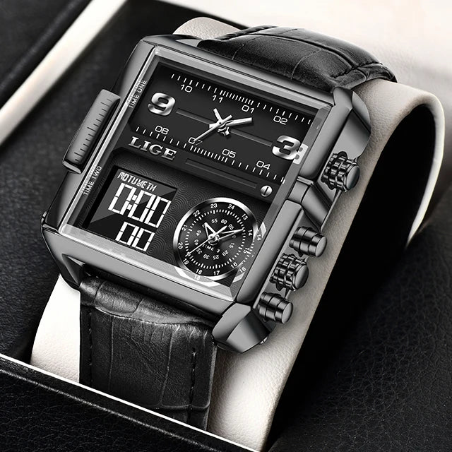 LIGE Luxury Men's Watches Square Digital Quartz Wrist Watch for Men Waterproof Stopwatch