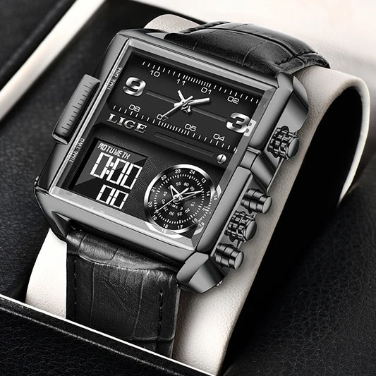 LIGE Luxury Men's Watches Square Digital Quartz Wrist Watch for Men Waterproof Stopwatch
