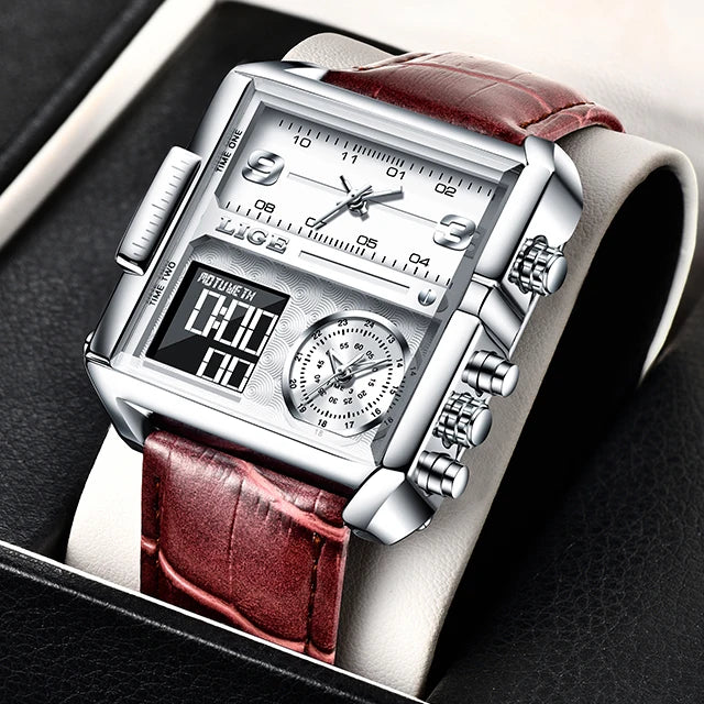 LIGE Luxury Men's Watches Square Digital Quartz Wrist Watch for Men Waterproof Stopwatch