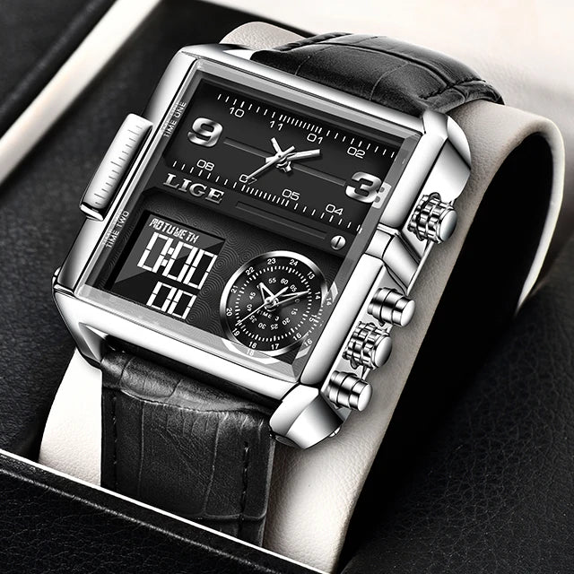 LIGE Luxury Men's Watches Square Digital Quartz Wrist Watch for Men Waterproof Stopwatch