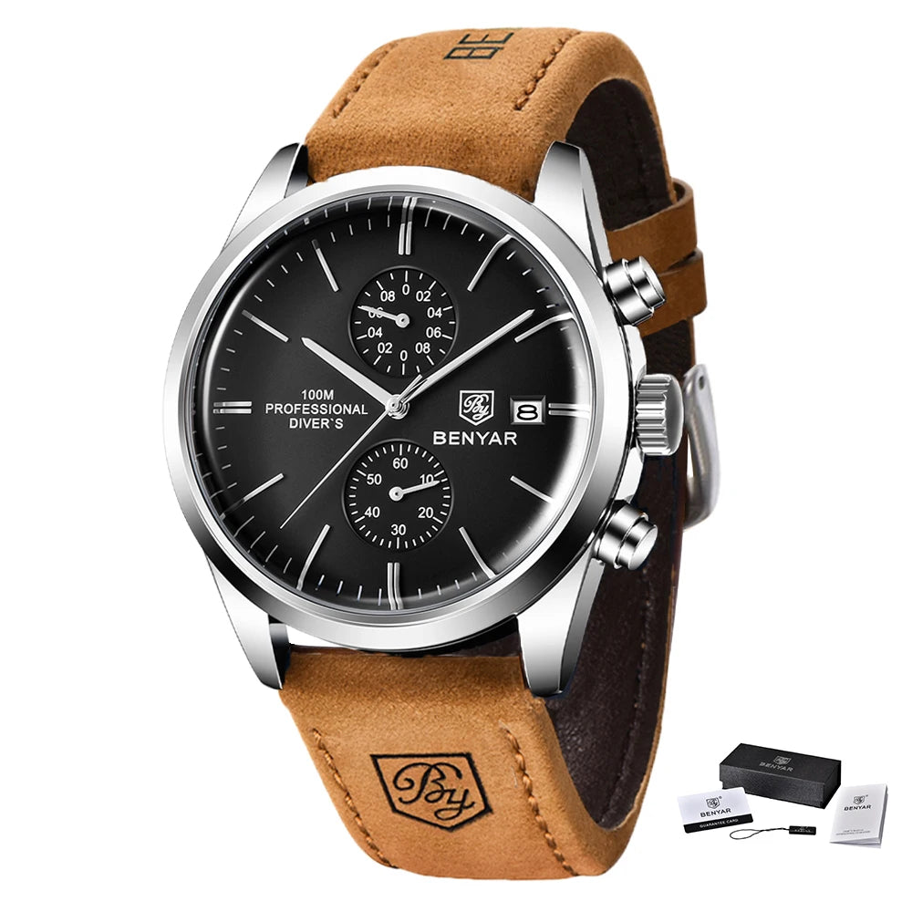 2024 New BENYAR Leather Men Quartz Wristwatches Luxury Brand 100M Waterproof Men Watch Military Sports Chronograph Watch for Men