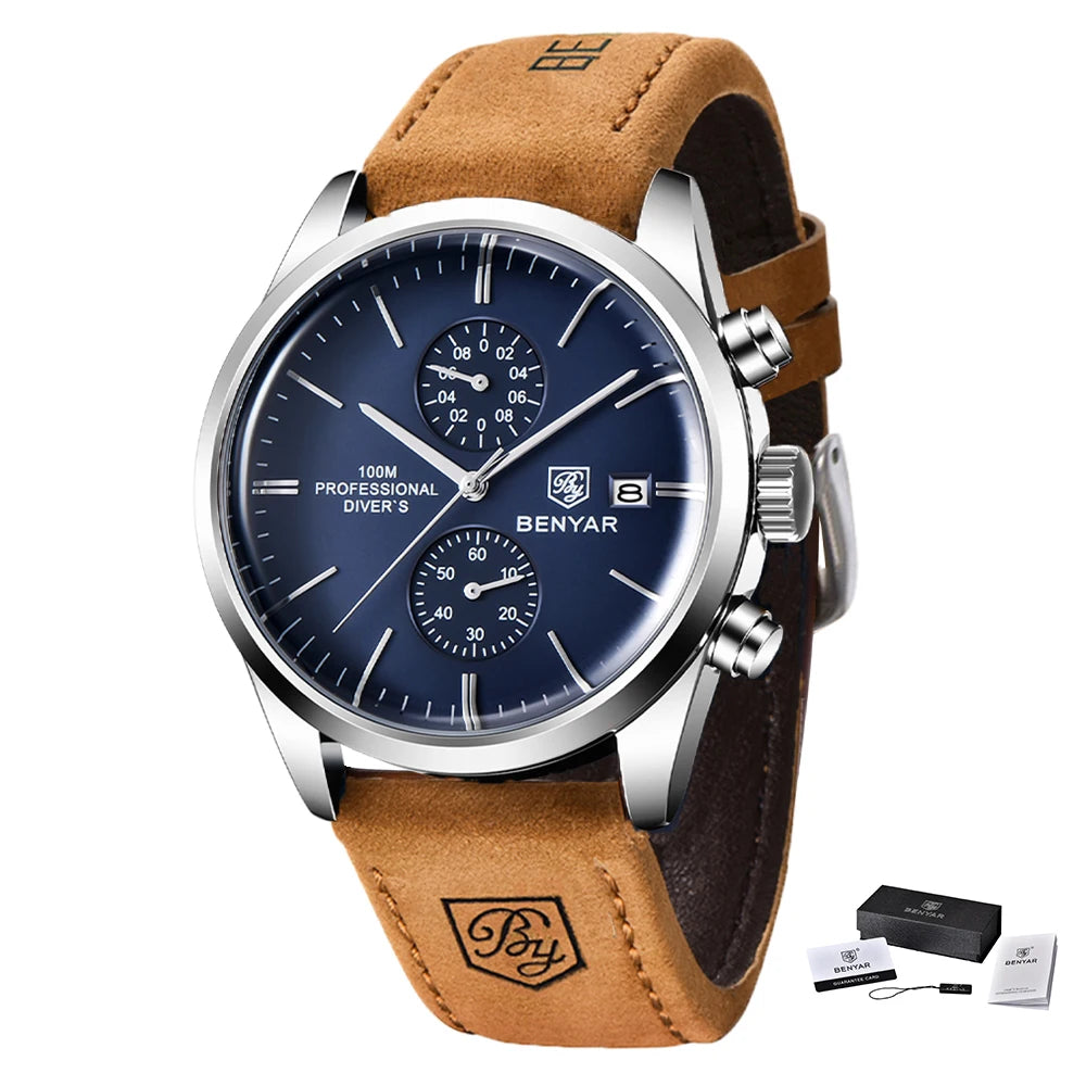 2024 New BENYAR Leather Men Quartz Wristwatches Luxury Brand 100M Waterproof Men Watch Military Sports Chronograph Watch for Men