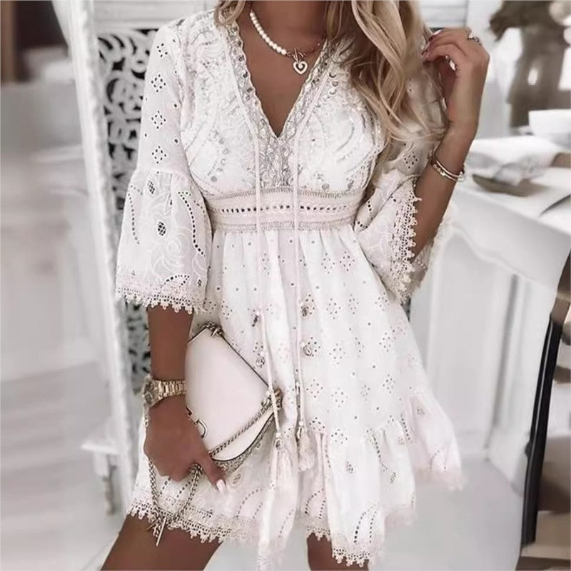 Hollow Out Summer Dress for Women Female V Neck Long Sleeve White Dresses Loose Solid Casual Women Beach Holiday Dress Vestidos