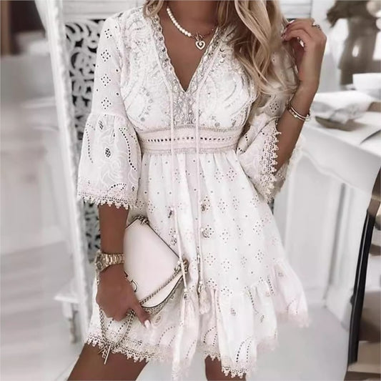 Hollow Out Summer Dress for Women Female V Neck Long Sleeve White Dresses Loose Solid Casual Women Beach Holiday Dress Vestidos