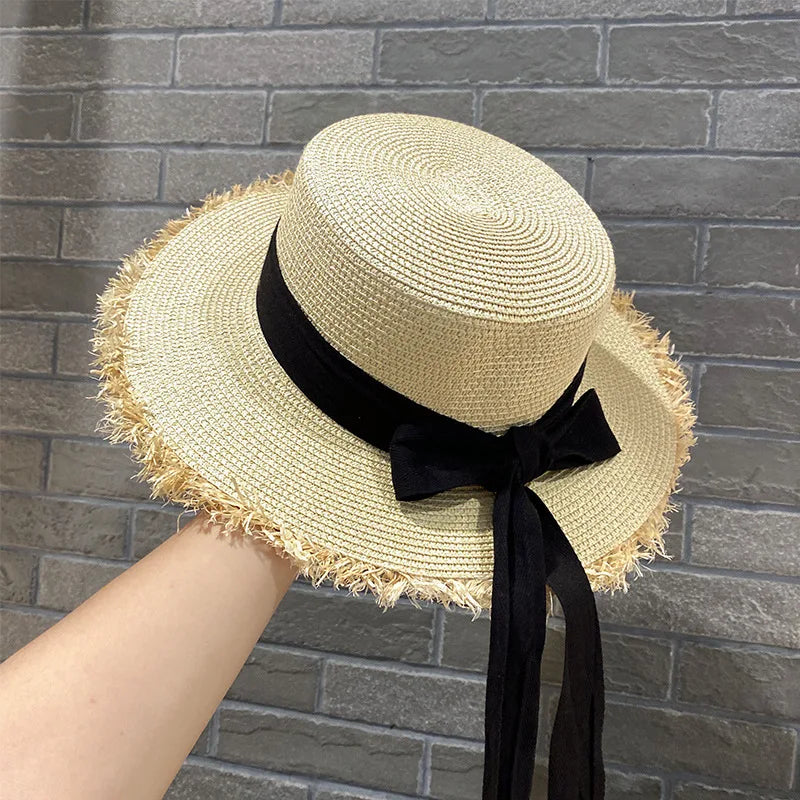 Women's casual ribbon straw hat