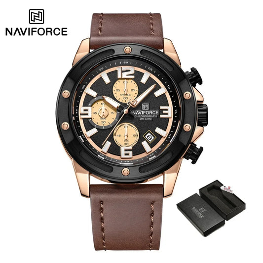 NAVIFORCE Business Men’s Chronograph Watch Waterproof Genuine Leather Band with Small Dial Date Display Clock Relogio Masculino