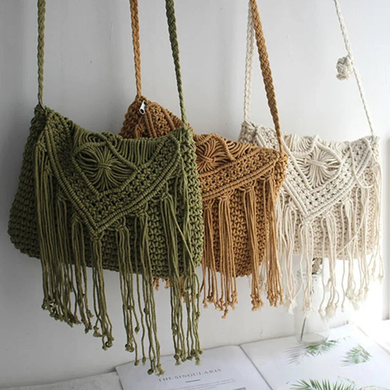 Handmade Cotton Woven Knitted Tassel Crossbody Bag Vintage Shoulder