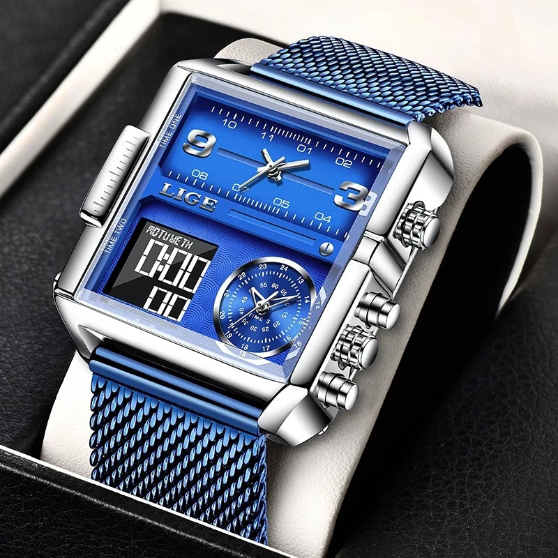 LIGE Luxury Men's Watches Square Digital Quartz Wrist Watch for Men Waterproof Stopwatch