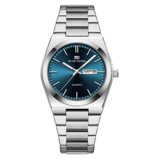 Men Business Watches Fashion Blue Silver Stainless Steel Strap 40mm Wine Barrel Shaped Top Brand Quartz Watch for Mens