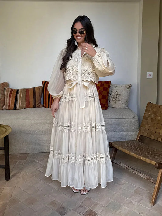Women Elegant Lapel Lantern Sleeves Single Breasted Lace Up Patchwork Pleated Long Dresses