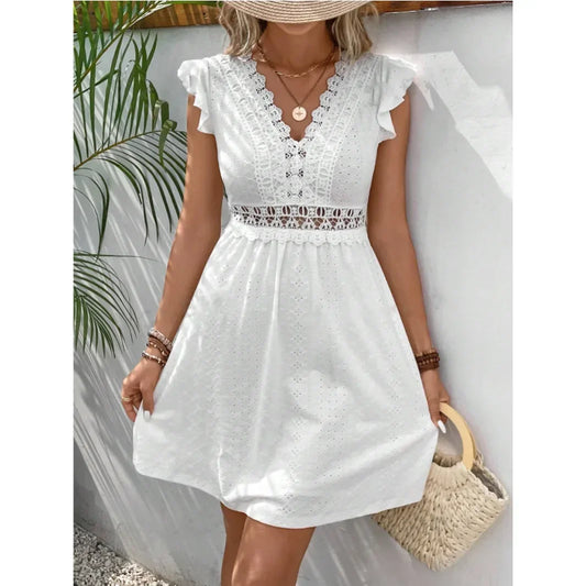 Women Summer Dress Knitted  Hollow Stretch Lace