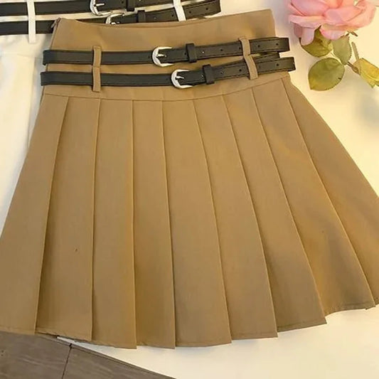 Fashion Women with Double Belt Pleated Skirts  Summer